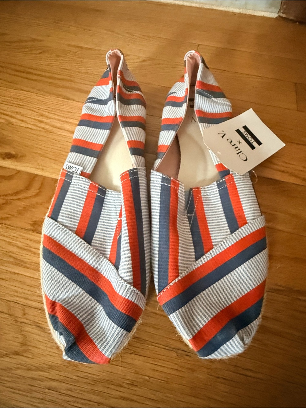 Clare V. X TOMS collaboration Striped Canvas Flats in Red, Navy & White